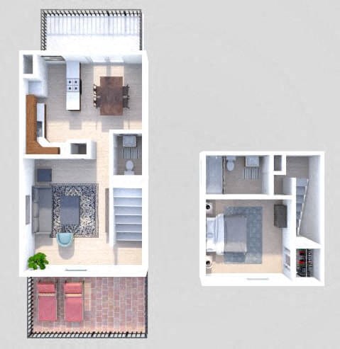 Floor plan for 1 bed, 1.5 baths, 925 sqft